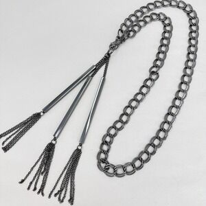 Gunmetal Double Link Long Chain Necklace Geometric Bar Tassel Fringe Chunky